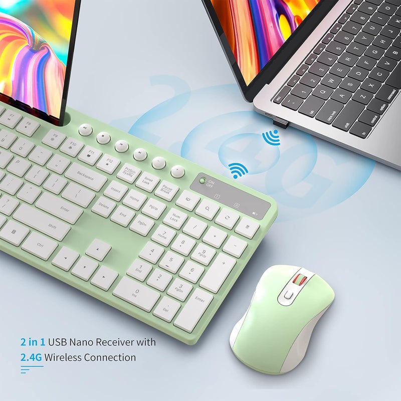 MARVO Wireless Keyboard and Mouse Combo, 2.4G Ergonomic Wireless Computer Keyboard with Phone Tablet Holder, Silent Mouse with 6 Button, Compatible with MacBook, Windows (Green) - Image 5